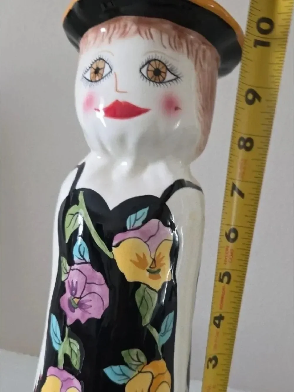 Decorative Ceramic Figurine Vase - Black with Yellow & Purple Floral Accent